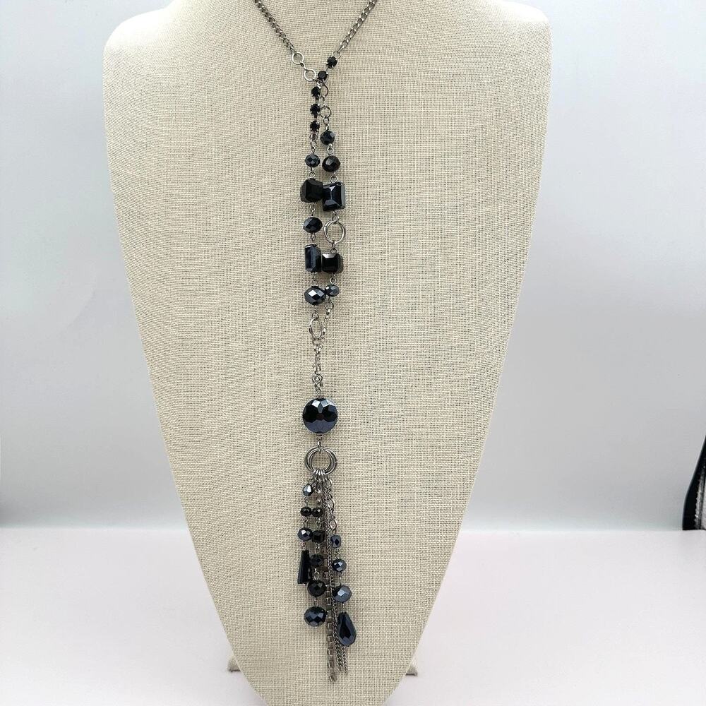 Vintage Y2K Silver Tone Rhinestone Black Beaded Tassel Necklace Boho Jewelry 90s